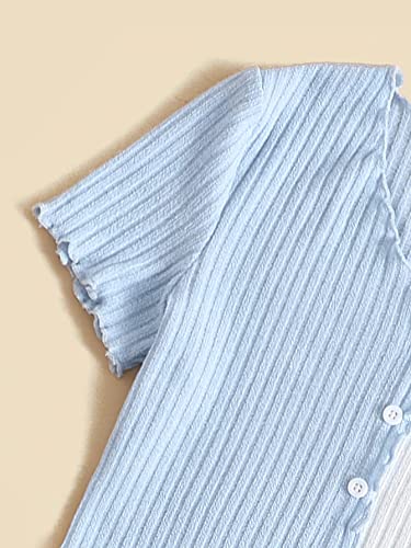 Soly Hux Girl's Color Block Ribbed Knit Button Front Summer Tee Short Sleeve V Neck T Shirt Crop Tops Blue And White 10Y #TOP2