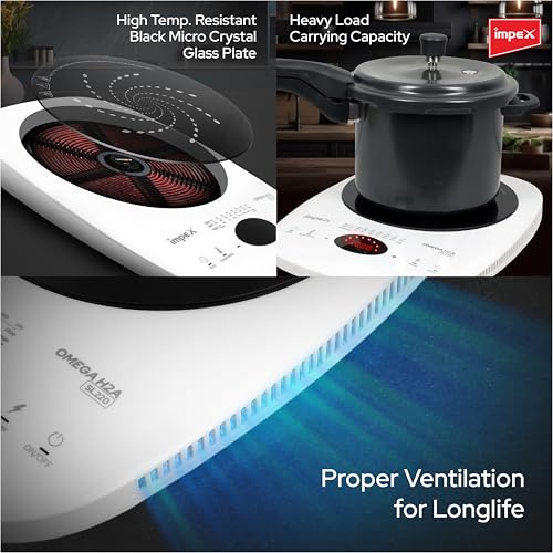 Image of Impex 2200 Watt Induction Cooktop With Full Touch Control | 4 hours Timer Function | Crystalline glass top | Overheat Protection & Auto Turn-Off | 2 Year Warranty | OMEGA H2A SL220 WHITE