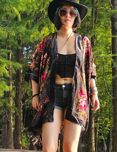 Image of Women's Burnout Velvet Kimono Long Cardigan Cover Up Casual Outfit