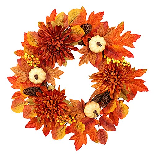 Künstlicher Ahornblatt-Blumenkranz, Herbst-Blumengirlande, weiße Kürbisse, Orange, Gänseblümchen, Wildblumen, Herbstgirlande, Veranda, Hochzeit, Party, Festdekoration, Haustür Hintergrund Cover
