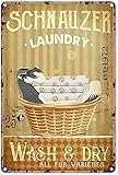 Mocozim Letrero de metal con texto en inglés 'Laundry Art Work Schnauzer Laundry Wash & Dry All Fur Varieties', letrero de metal de estaño y aluminio, arte de pared, póster retro de metal para puerta