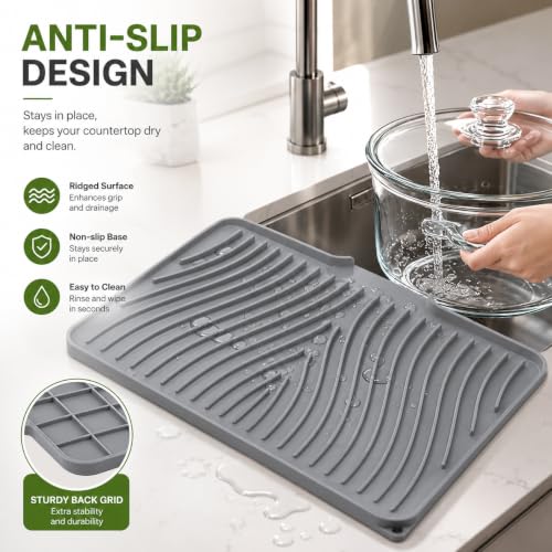 Image of Homeze Extra-Large Silicone Dish Drying Mat 60x48cm - Non-Slip Draining Board Mat for Kitchen Counter, Heat-Resistant & Rollable Drying Mat for Dishes, Utensils & Cookware