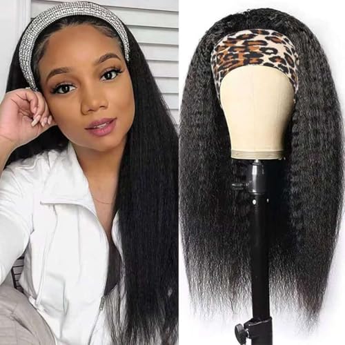 Image of Kinky Straight Headband Wig Human Hair 20 Inch Headband Wigs for Black Women Glueless None Lace Front Yaki Straight Human Hair Headband Wig Brazilian Virgin Hair Wigs Natural Black 180% Density