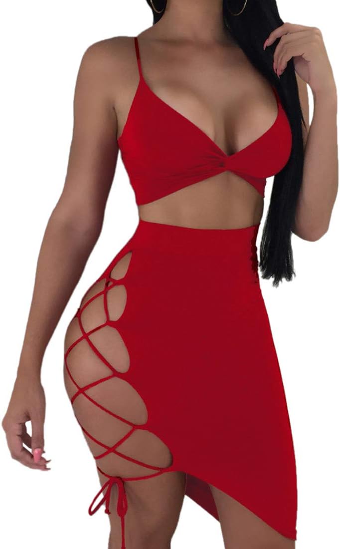 Women's Sexy Sleeveless Bodycon Club Mini Dress 2024 Summer Spaghetti Strap Cut Out Two Piece Skirt Sets - Image 5