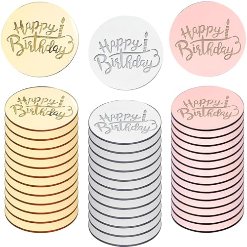 JEOPKO 30Pcs Personalised Cupcake Toppers,Acrylic Cupcake Toppers Happy Birthday Cake Disc Round Mirror Cake Charm for Cupcake Decoration Party Supplies(Gold, Silver and Rose Gold, Round)