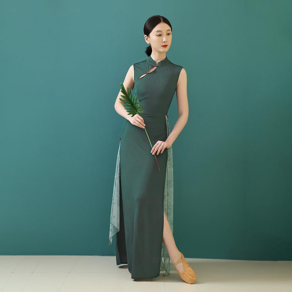 ROYAL SMEELA Cheongsam Sexy Vestiti Cheongsam Senza Maniche Colletto in Piedi Donna Abito Cheongsam Cinese Verde Abiti Qipao Cheongsam Costume Tradizionale Cinese Abito Qipao Lungo Vestito+Qipao
