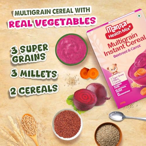 Image of Manna Health Mix Instant Multigrain Cereal, Beetroot & Carrot with Milk.Made with Real Vegetables and 8 super grains and millets. No Added Sugar, No Artificial Color, Flavors 200g (Pack of 3)
