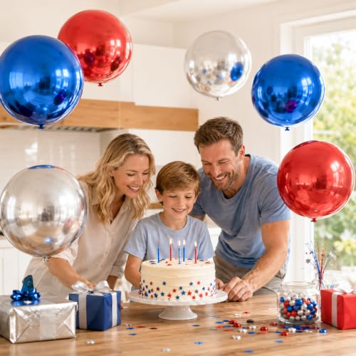 Image of 9 Pcs Red Blue Silver Round Foil Balloons Red Royal Navy Blue Metallic Silver Chrome 4D Ball Mylar Balloons for 4th of July Birthday Anniversary Patriotic American Flag Graduation Party Decor