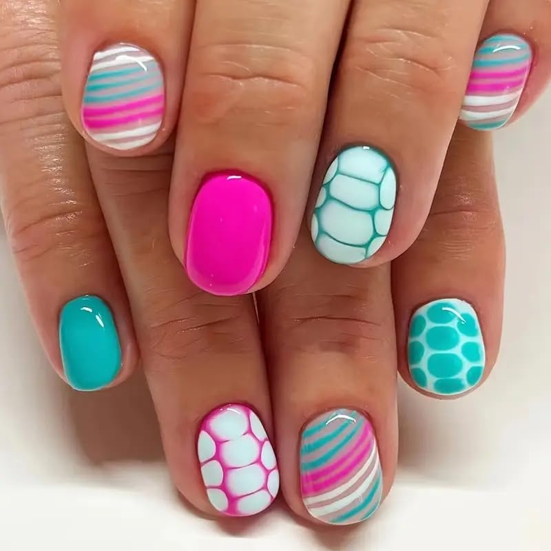 Press on Nails Short Oval Fake Nails with Designs Tortoise Shell False Nails for Women Colorful Stripe Stick on Nails Pink Glue on Nails Full Cover