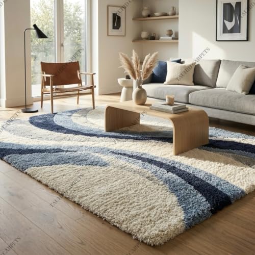 Image of Tauhid Carpet Super Soft Microfiber Shaggy Area Rug Modern Abstract Blue & Cream Plush Carpet | Fluffy Floor Rug for Living Room, Bedroom 6x9 Feet.