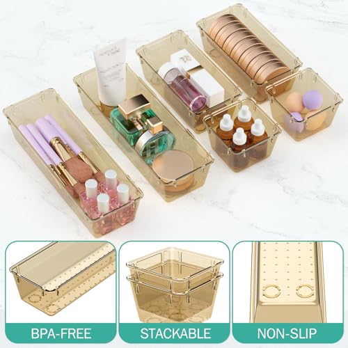 Image of WOWBOX 6 Pack Clear Drawer Organizer Set, Acrylic Drawer Storage Trays, Storage Bins for Makeup, Cosmetics, Jewelries, Utensils, Gadgets, Office, Champagne