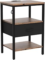 Vista 6 de SUPERJARE - Juego de 2 mesitas de noche con base de carga, cajón de tela ajustable, mesita de noche para dormitorio, de 3 niveles, para sala