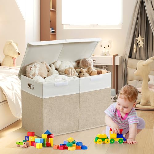 Image of Large Toy Storage Box with Lid, Collapsible Toys Storage Organizer Bins with Dividers and Handles, Storage Chest Bin for Kids, Boys, Girls, Nursery 25 inchx13 inch x16 inch (Beige & White)