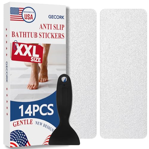 Gecork XXL Bathtub Non Slip Stickers with Strong Adhesive, Widen & Invisible Anti Slip Shower Strips with Scraper for Bath Tub, Shower Floor, Stairs,14 PCS