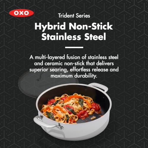 Image of OXO Trident Hybrid 12 inch Nonstick Stainless Steel Every Day Pan with Glass Lid, PFAS-Free Ceramic Jumbo Saute Skillet, Induction & All Cooktop Compatible, Dishwasher Safe, Mirror Polished Tri-Ply