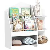 AIYAPLAY Bücherregal für Kinder Kinderregal mit 4 offenen Fächer 3 Ablagen Aufbewahrungsregal aus Kiefernholz Spielzeugregal für Spielzeug Bücher Standregal für Kinderzimmer 80L x 30B x 79,7cm Weiß
