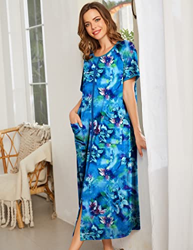 Image of Ekouaer Women Robe Zipper Short Sleeves Full Length House Coat with Pockets