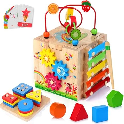 Batlofty Wooden Activity Cube | 8-in-1 Montessori Toys for Boys & Girls 1+ Years Old, Educational Learning Toy for Toddlers Age 1-2, Ideal 1st Birthday Gift | Bonus Sorting & Stacking Board Cover