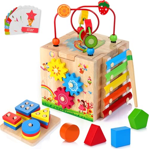 Image of Batlofty Wooden Activity Cube | 8-in-1 Montessori Toys for 1+ Year Old Boys & Girls, Educational Learning Toy for Toddlers Age 1-2, 1st Birthday Gift | Bonus Sorting & Stacking Board