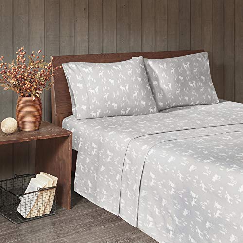 Image of Woolrich Cotton Sheet Set Cottage Charms Print, 100% Cotton Flannel Sheets Warm & Fuzzy Bedding Set Queen Size Sheets, Fitted Pocket Fits Up to 14 inch Mattress, Queen Grey Moose, 4 Piece