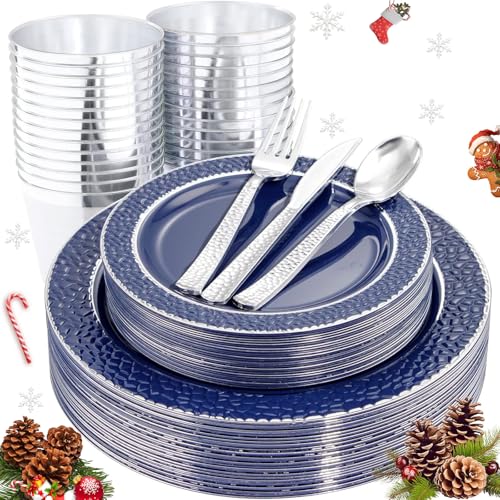 Ciaell 150 PCS Blue and Silver Plastic Plates - Blue Disposable Plate include 50 Plates, 25 Knives, 25 Forks, 25 Spoons, 25 Cups for Weddings & Party & Christmas Ciaell 150 PCS Blue and Silver Plastic Plates - Blue Disposable Plate include 50 Plates, 25 Knives, 25 Forks, 25 Spoons, 25 Cups for Weddings & Party & Christmas