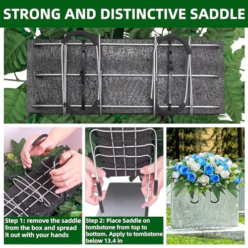 Lodou Artificial Cemetery Flower Saddles, Rose Headstone Flower Saddle Outdoor Grave Decorations,Cemetery Memorial Flowers with Vase for Grave Tombstone Decorations (Blue with Whit image 6
