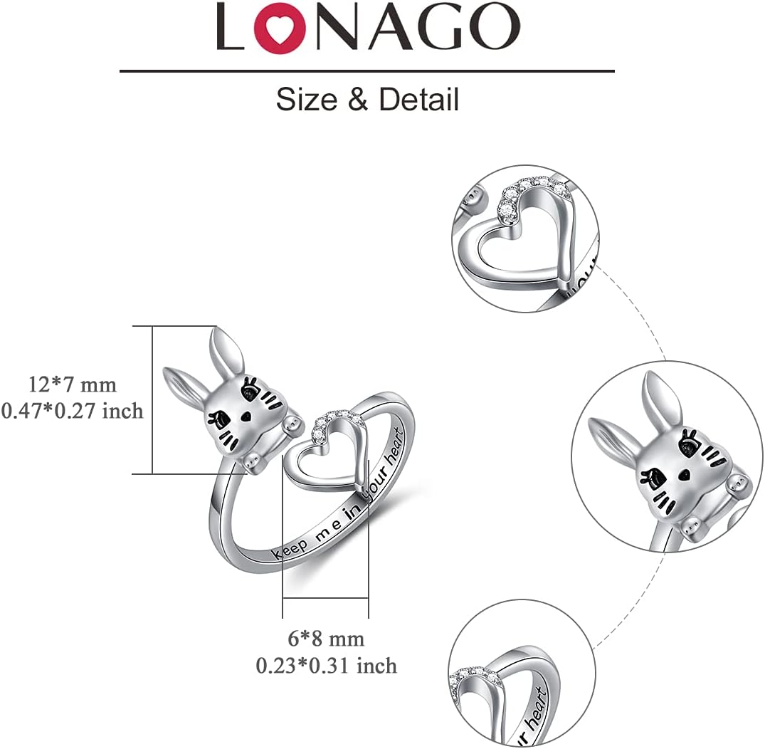 LONAGO Rabbit Ring Sterling Silver White Bunny Rabbit Ring for Women Birthday Gift