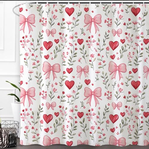 Baccessor Pink Bows Shower Curtain Pink Love Hearts Bows Girly Shower Curtains Bathroom Bath Home Valentines Day Decor Waterproof Polyester Fabric with Hooks 72 W x72 H Inch
