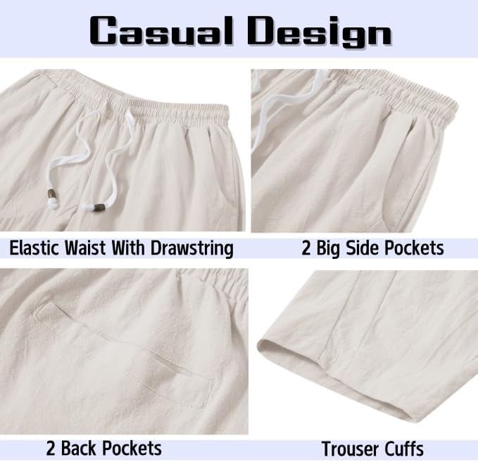 EKLENTSON Mens Cotton Linen Capri Pants Light Loose 3/4 Long Shorts Elastic Waist Drawstring Harem Casual Beach Yoga Trousers - Image 5