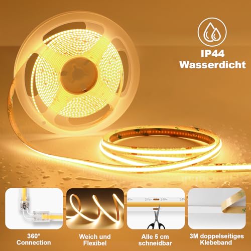 Öuesen COB LED Streifen Warmweiss 5M, Led Strip Dimmbar 24V, 3000K, Lichtband LED Selbstklebend, IP44 Wasserdicht, Band mit Fernbedienung, Lichtleiste für TV, Küche, Wohnzimmer, DIY Indoor Outdoor