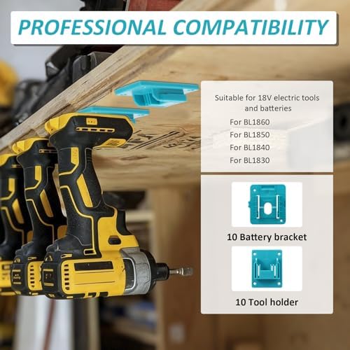 20-Pack Tool Holder and Battery Holder for Makita 18V BL1860/BL1850/BL1840/BL1830, 10 Pcs Battery Mounts Rack, 10 Pcs Drill Tool Hangers Storage Organizer - 2