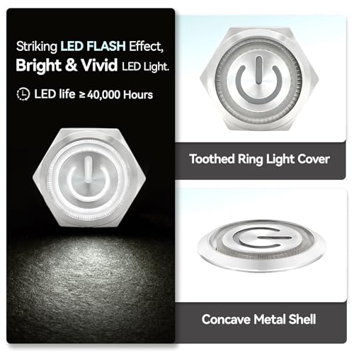 Image of UL Listed 15Amp 16mm Latching Push Button Switch 12V-24VDC IP67 Waterproof; SPST 1NO, with LED Angel Eye Light; Stainless Steel 304 with Wire Socket White