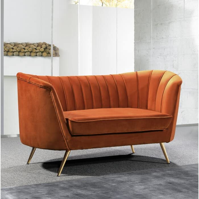 Velvet Modern Style Channel Tuffting Sofa with Golden Metal Legs for Living Room, Hallways, Offices, Bedroom (2 Seater, Orange)-image-42