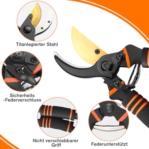 Gartenschere,Pflanzenschonende Baumschere mit Bypass-Schneide für frische Äste und Zweige,Rostfreier Stahl-Stahlklinge,integrierte Feder im Grif,max. Schneid-Durchmesser 25 mm,orange – Bild 4