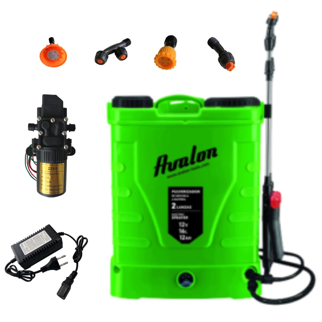 Avalon - Pulverizador Mochila de 2 lanzas Pack con Bomba de Repuesto, batería Recargable, Tanque 16 L, Verde. Incluye Cargador de 12V y 1,7A