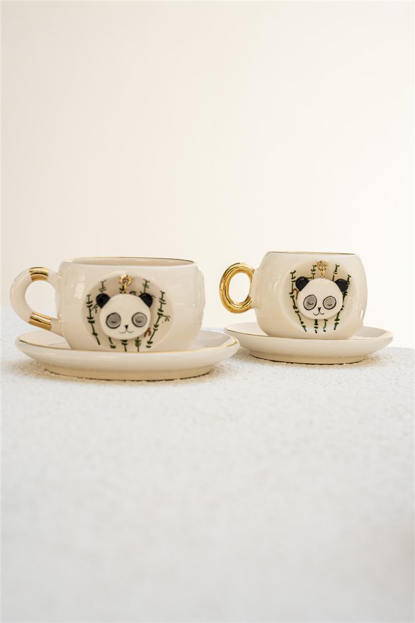 BSK Ceramics Handmade El Yapımı Seramik Doğa Serisi Altın Vurgulu Çay Kupası 230 ml, Nesli Tükenmekte Olan Hayvanlar Farkındalık, Hayvan Severler İçin Panda Temalı
