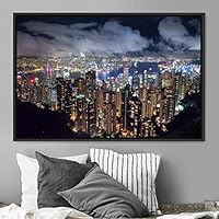 Framed Canvas Wall Art City Illuminations Aerial Cityscape Contemporary Multicolor Photography Places Realism - 16x24 inches