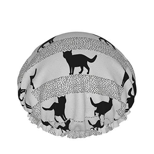 Shower Cap For Women Black Cats Kitten On White Cute Large Reusable Shower Head Hair Cover Cap Hat Elastic Hair Bonnet Long and Thick Hair Protection Bath Caps Waterproof Salon Spa