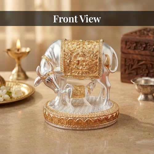 Image of 24K Gold and 999 Pure Silver Plated Kamdhenu Cow Idol - 6 Inch Auspicious Vastu Home Decor for Pooja Room and Mandir - Sacred Two-Tone Symbol of Prosperity and Success