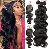 Bundles Human Hair Body Wave Bundles with Closure 100% Unprocessed Brazilian Virgin Human Hair Body Wave 3 Bundles with 4x4 Lace Closure Free Part for Black Women 16 16 16+14 inch