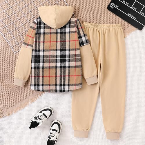 Image of 2Pcs Boys Clothes Sweatsuit Set Hoodie Flannel Plaid Shirt and Jogger Pants for Kids Fall Winter Spring Outfits