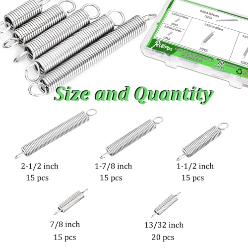Image of 80 PCS Extension Spring Assortment Kit 5 Different Sizes, 0.025 inch Wire Diameter, 1 /4 inch Outside Diameter, 13 /32 inch to 2-1 /2 inch Length,Zinc Plated Extension Springs for Home Repairs & DIY