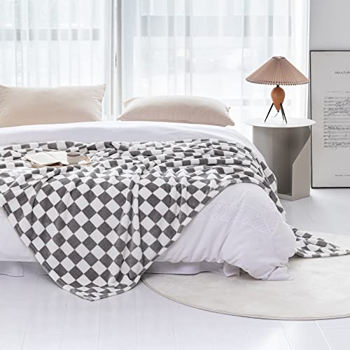 LOMAO Throw Blankets Flannel Blanket with Checkerboard Grid Pattern Soft Throw Blanket for Couch, Bed, Sofa Luxurious Warm and Cozy for All Seasons (Grey, 50"x60")
