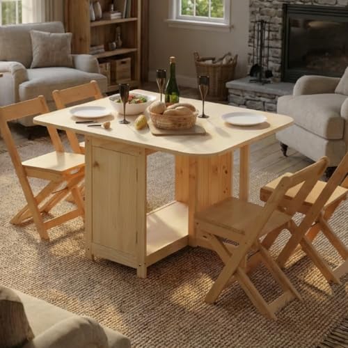 From the Tree Furniture Solid Wood Folding Dining Table & 4-Chair Set – Unfinished Natural Pine, Space-Saving Foldable Dining Set for Kitchen or Small Rooms