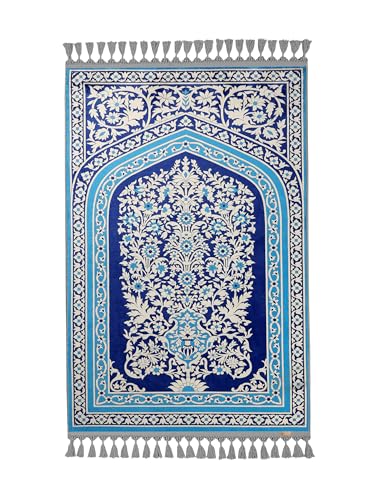 Alfombra tradicional turca de oración azul marino tapiz oriental floral con borlas 2
