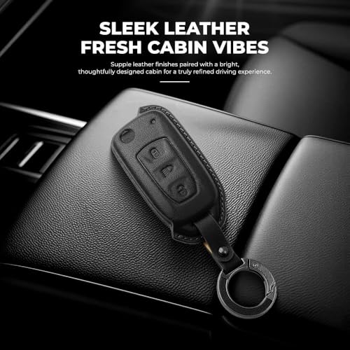 Image of Keyzone Premium Leather Key Cover & AC Vent Car Perfume Combo (4 Fragrances) | Compatible for Tata Curvv, Nexon, Harrier, Altroz, Punch, Safari, Tigor, Tiago, Zest, Bolt 3 Button flip Key. (Black)