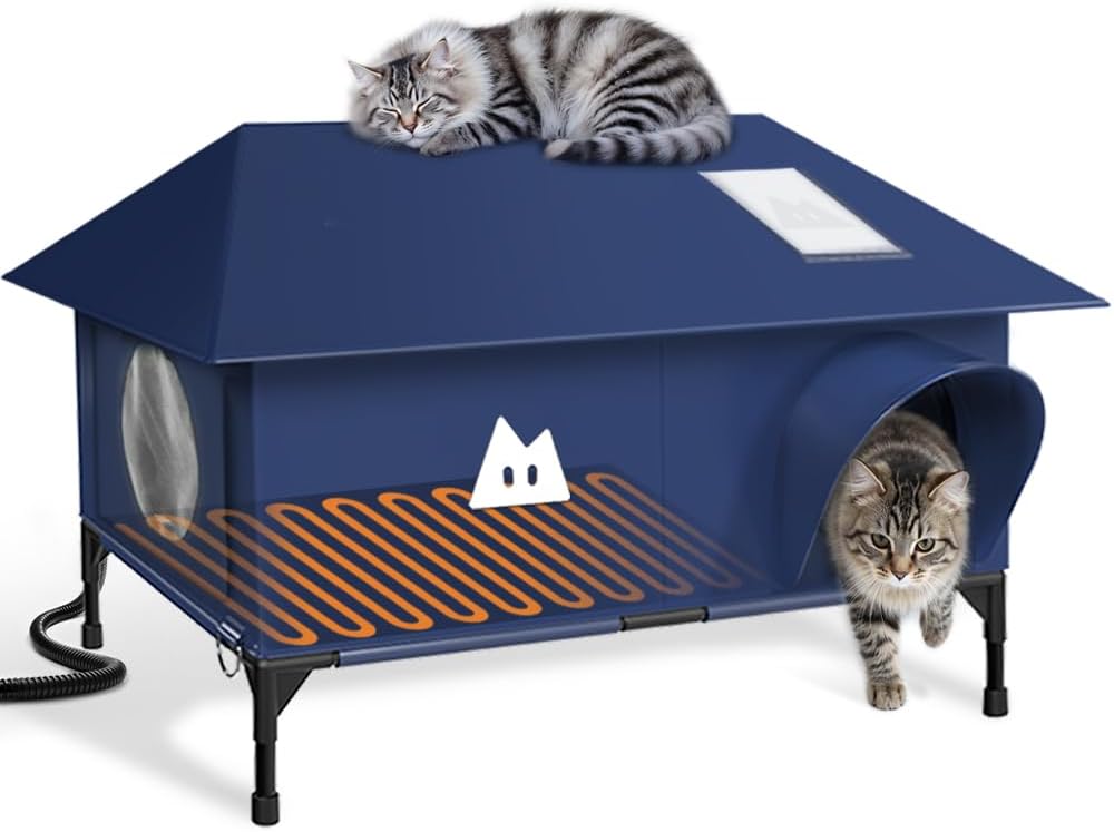 Heated Cat House for Outside Cats Winter, Large Hip Roof 100% Waterproof Outdoor Cat House, Elevated Base, Weatherproof Insulated Shelter for Stray Feral Barn Cat (Dark Blue, 28" Lx16 Wx14 H) Dark Blue 28"Lx16"Wx14"H