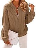 PRETTYGARDEN Women's Casual Long Sleeve Zip Up Open Front Cable Knit Cardigan Sweaters for Women 2025 Fall Sweater (Khaki,X-Large)