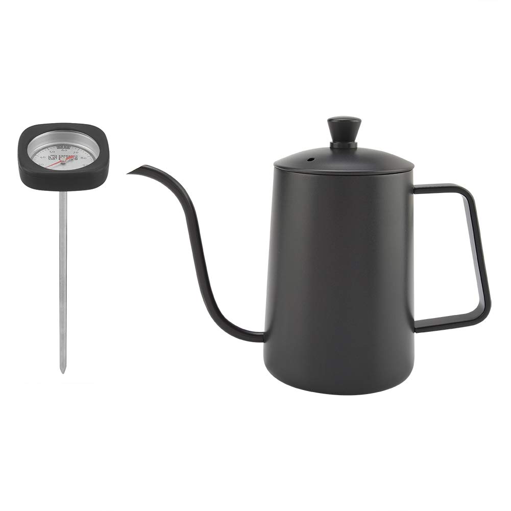 Czajnik do kawy nalewany ze stali nierdzewnej o pojemności 600 ml z gęsią szyją, termometrem i powłoką teflonową do precyzyjnego parzenia, zielony (Czarny)