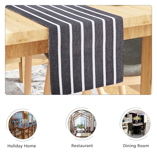 Image of Encasa XO Dining Table Runner for 4 to 6 Seater | Yarn Dyed Fine Ribbed Cotton | Roma Grey Stripes